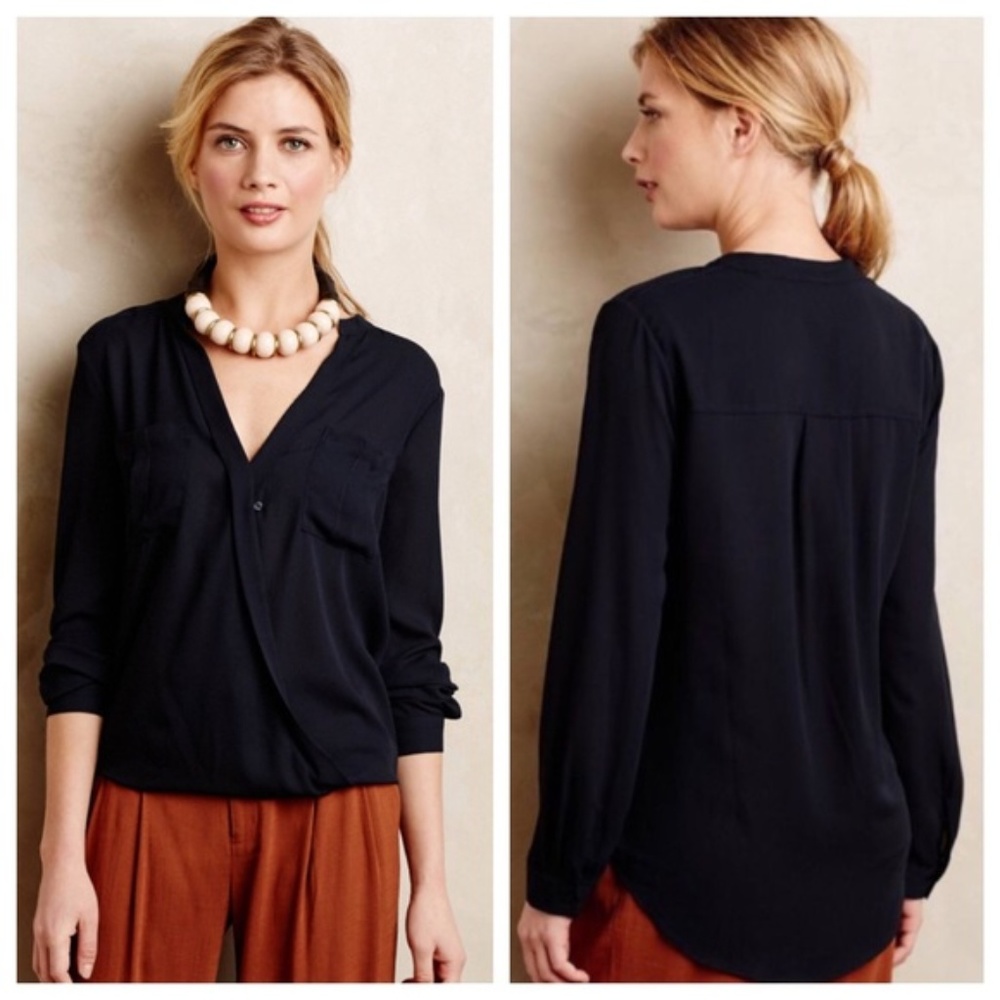 Maeve Navy Wrap-Style V-Neck Blouse
